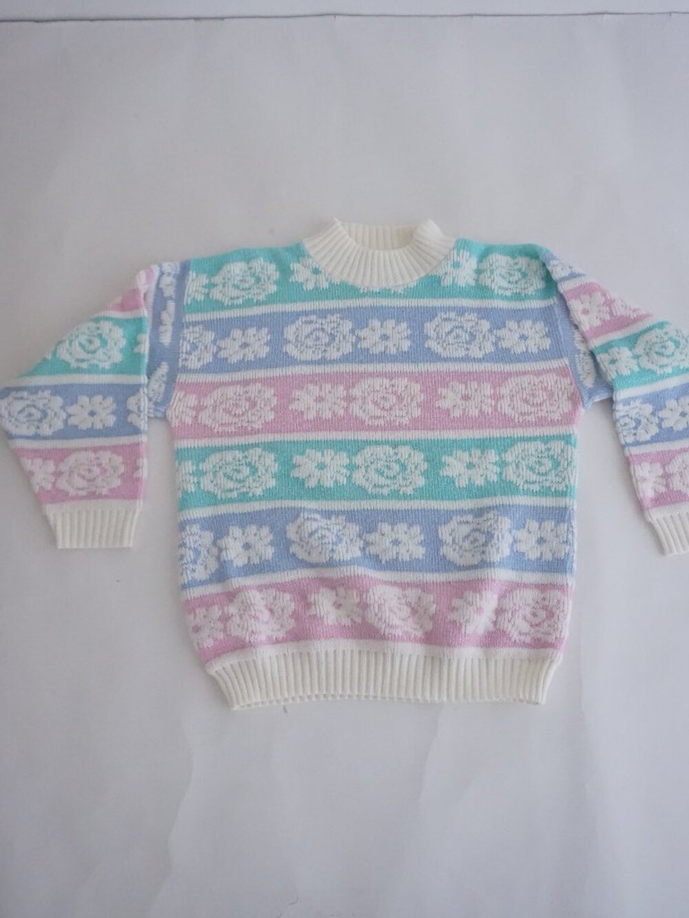 Vintage Pastel Floral Garden Stripe Sparkle Mock Neck Ribbed Knit Sweater M